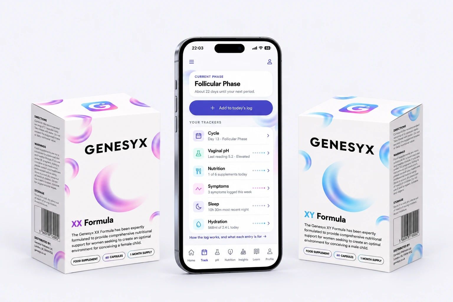 The Genesyx companion app showing cycle phase and vaginal pH trackers, between the Genesyx XX Formula and XY Formula boxes