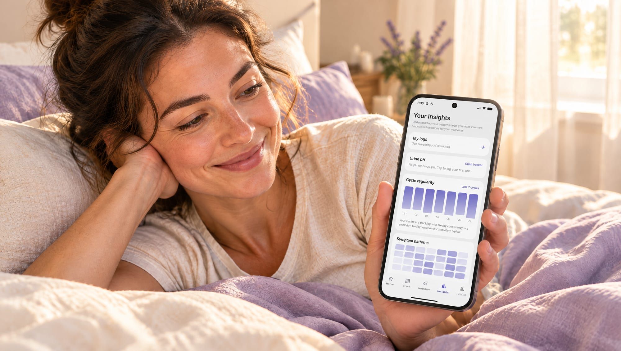 A smiling woman lying in bed, holding a phone that shows the Genesyx app's Insights screen